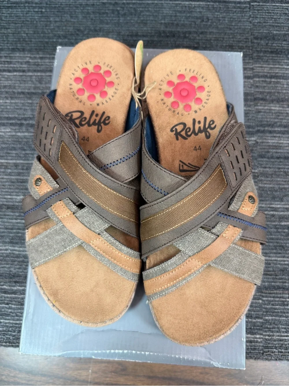 Spring Step Hazman Leather Casual Brown/Blue Multi-Texture Slide Sandals 10.5-11